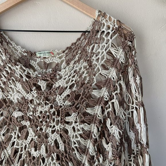 Vintage Y2K Vivid Collection Brown White Crocheted Swim Cover Up Blouse - Picture 3 of 10